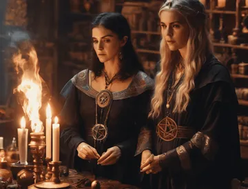 Illustration av två wicca-prästinnor i rituell klädsel, en del av Alven Inner Ring Tradition
